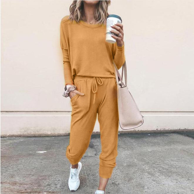 Women's Long Sleeve Suit Fashion Pullover Top And Pockets Drawstring Long Pants Solid Color Casual Sports Trouser Suit Clothing