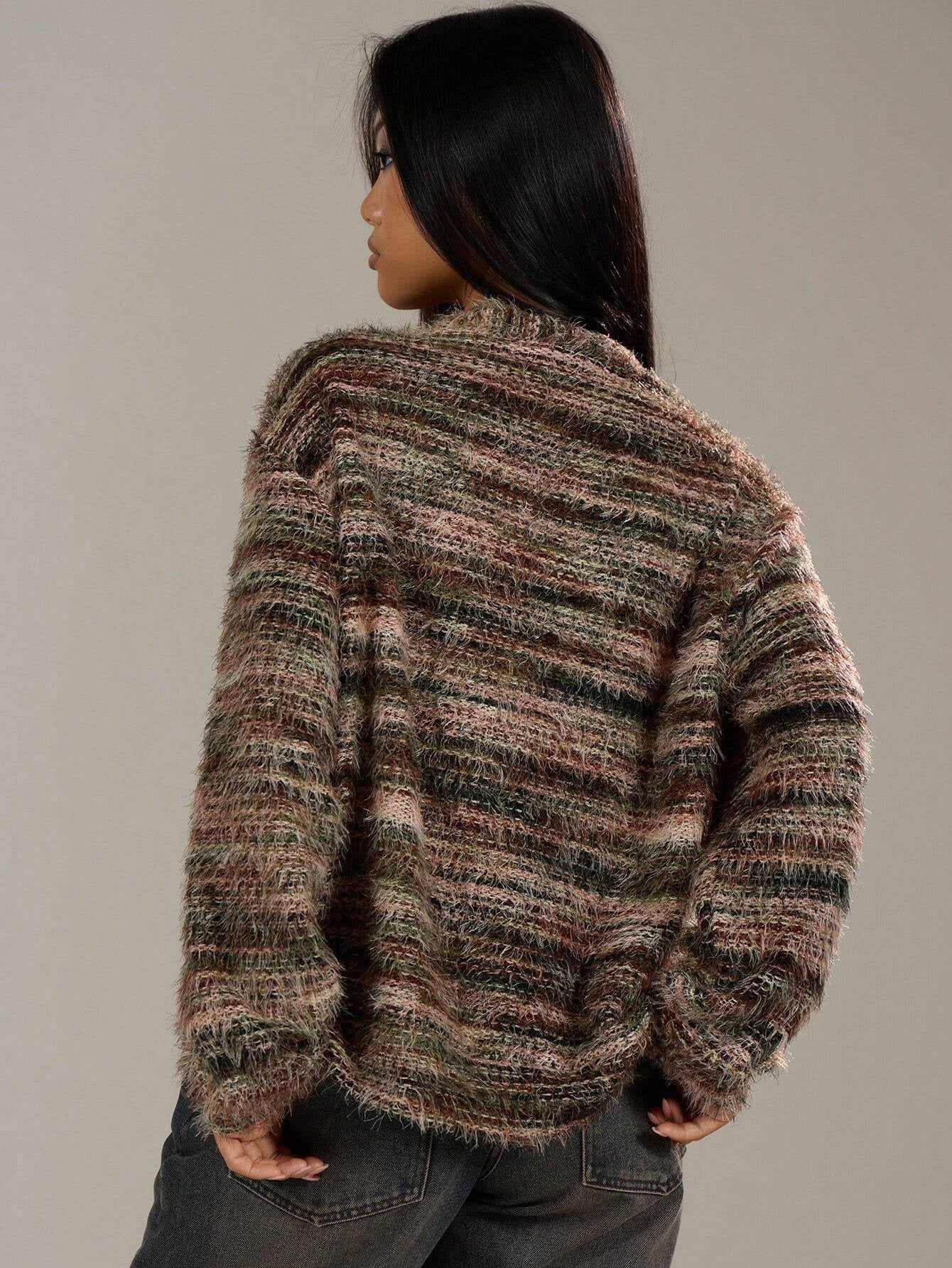 Winter Stripe Knitted Sweater Ins Button Cardigan Long Sleeved V-neck Cropped Tops For Women