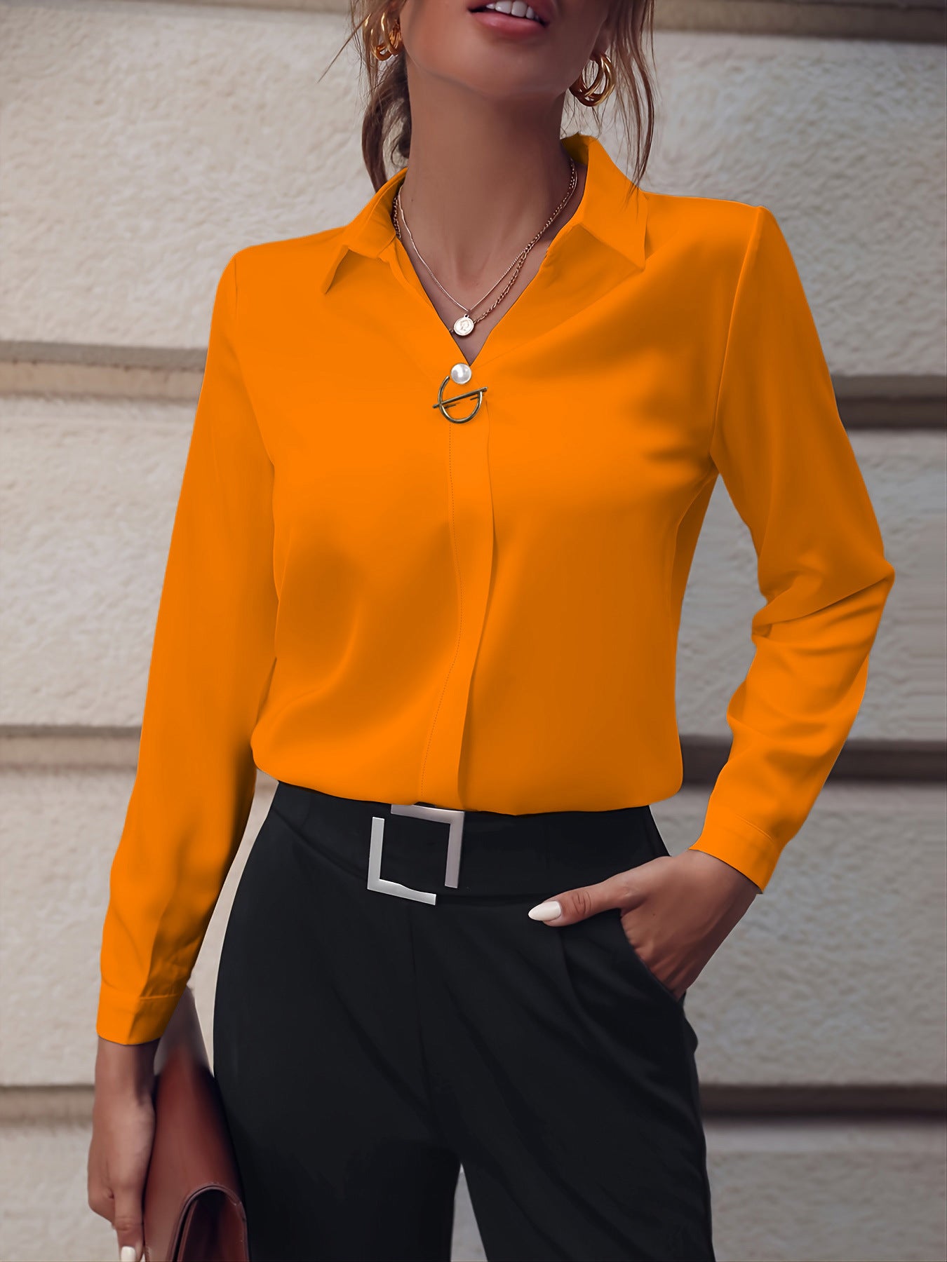Commuter V-neck Long-sleeved Shirts Ins Fashion Solid Color Pullover Top Autumn And Spring Women's Clothing