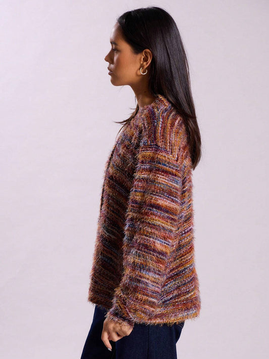 Winter Stripe Knitted Sweater Ins Button Cardigan Long Sleeved V-neck Cropped Tops For Women