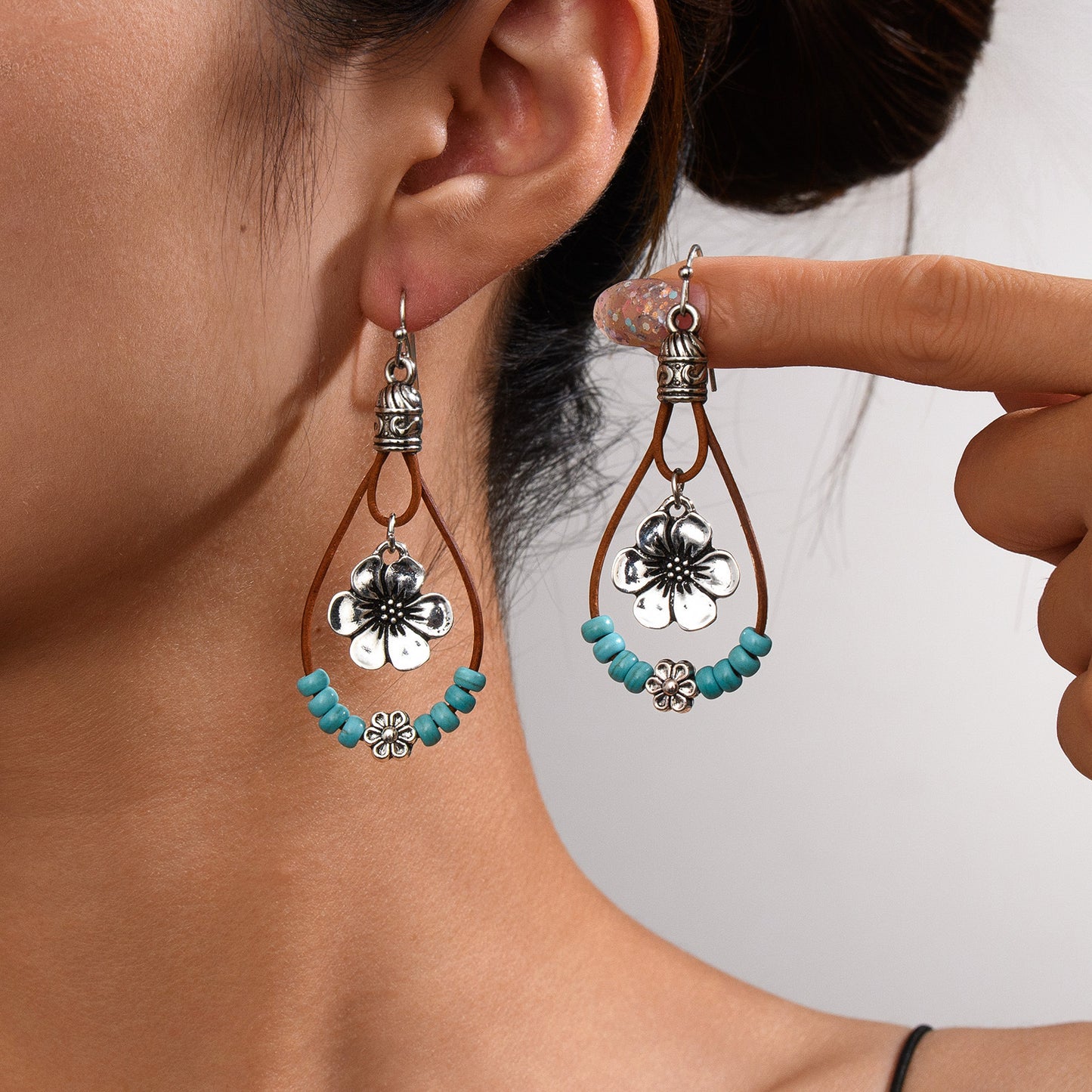 Vintage Earrings Ethnic Style Antique Silver Flower Turquoise Rope Pendant Women's Jewelry