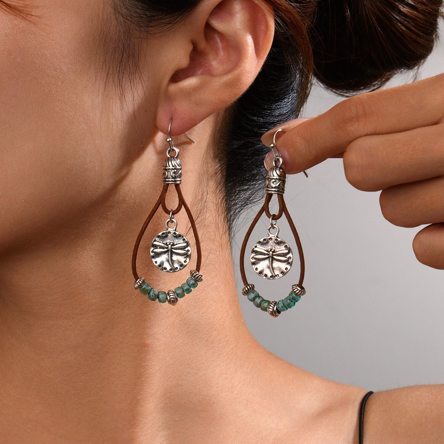 Vintage Earrings Ethnic Style Antique Silver Flower Turquoise Rope Pendant Women's Jewelry