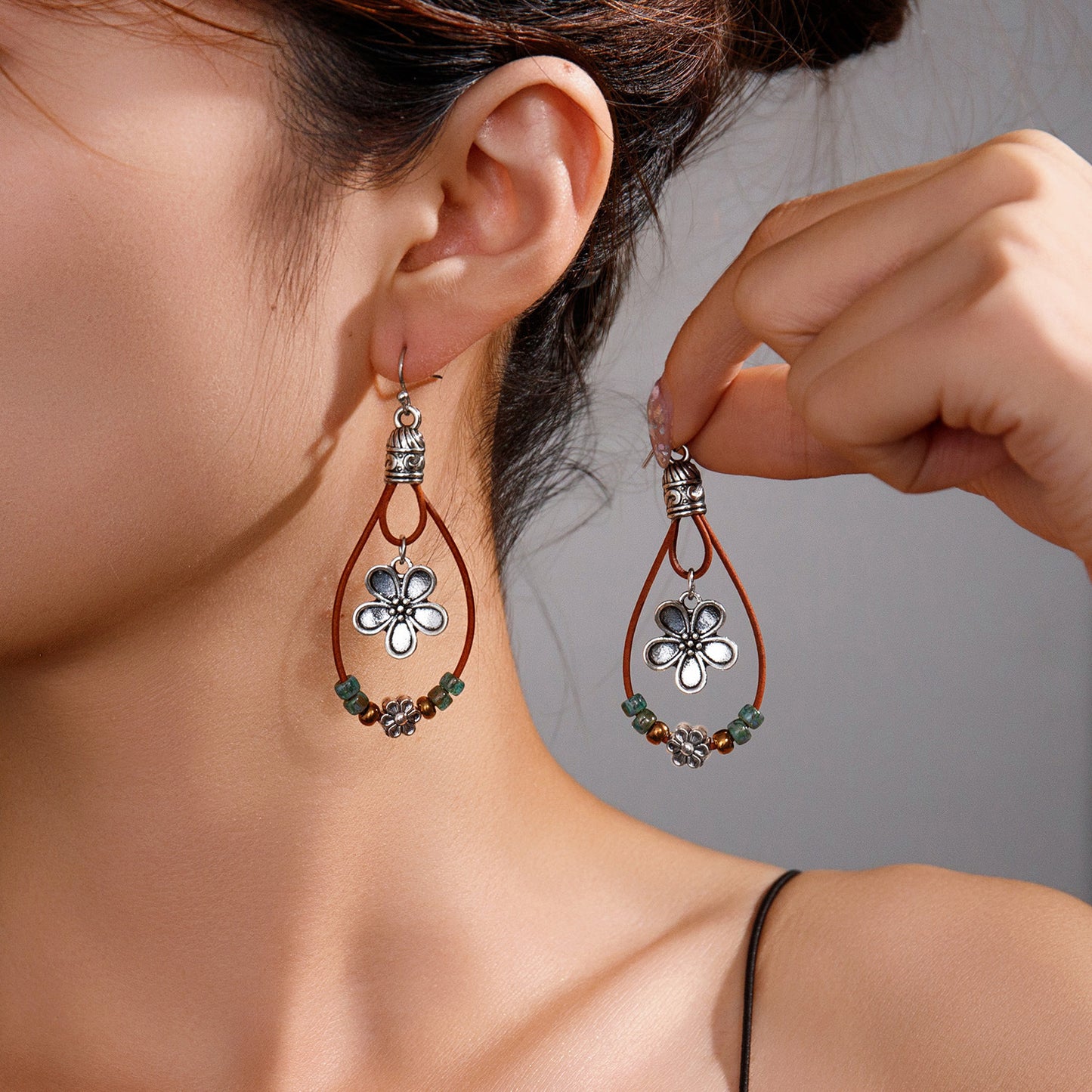 Vintage Earrings Ethnic Style Antique Silver Flower Turquoise Rope Pendant Women's Jewelry