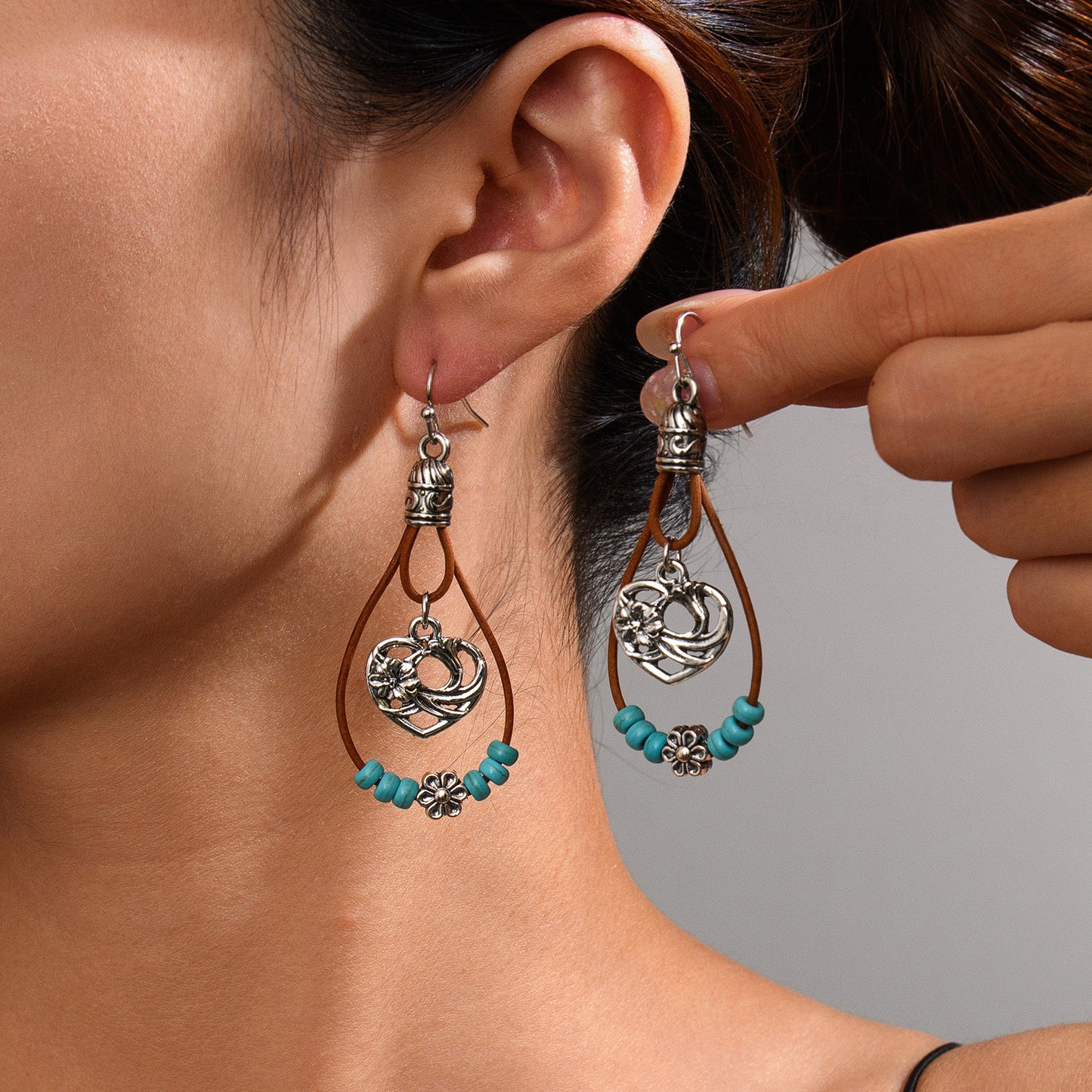 Vintage Earrings Ethnic Style Antique Silver Flower Turquoise Rope Pendant Women's Jewelry