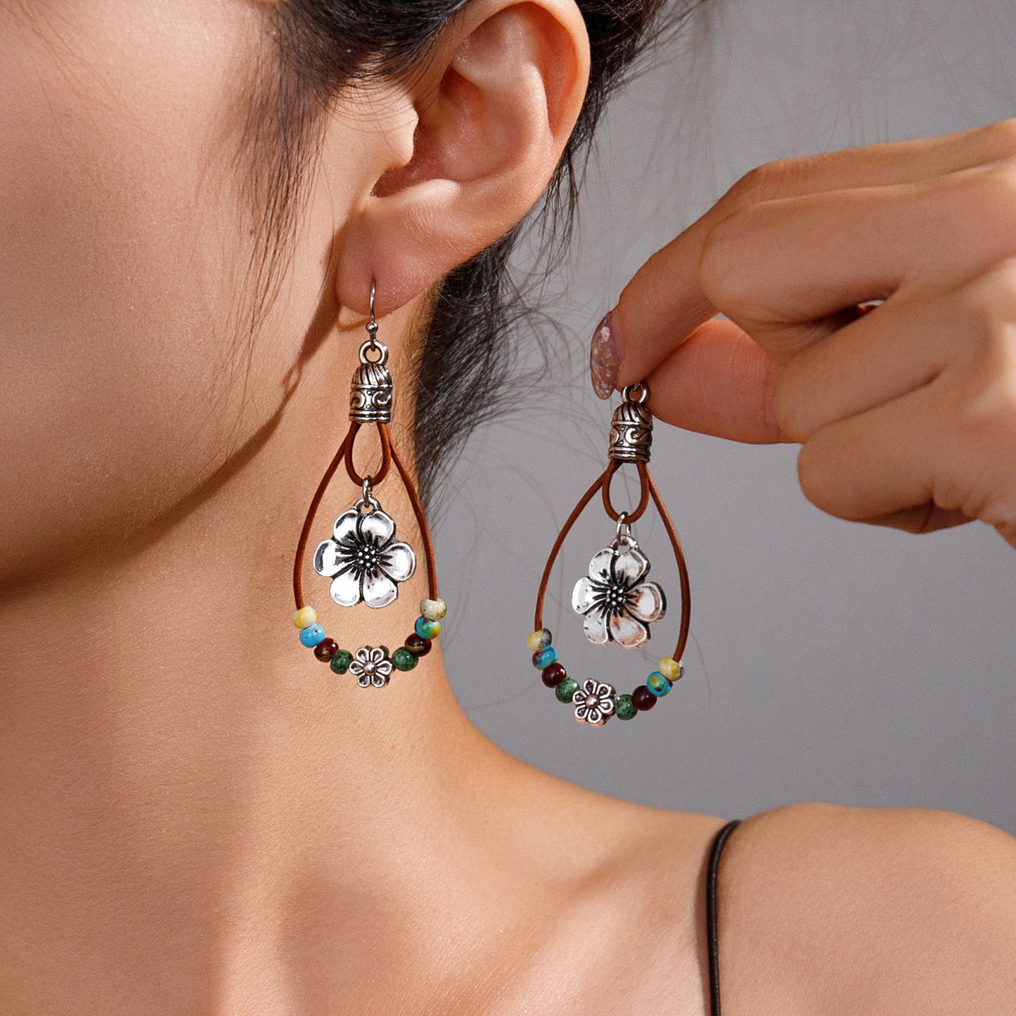 Vintage Earrings Ethnic Style Antique Silver Flower Turquoise Rope Pendant Women's Jewelry