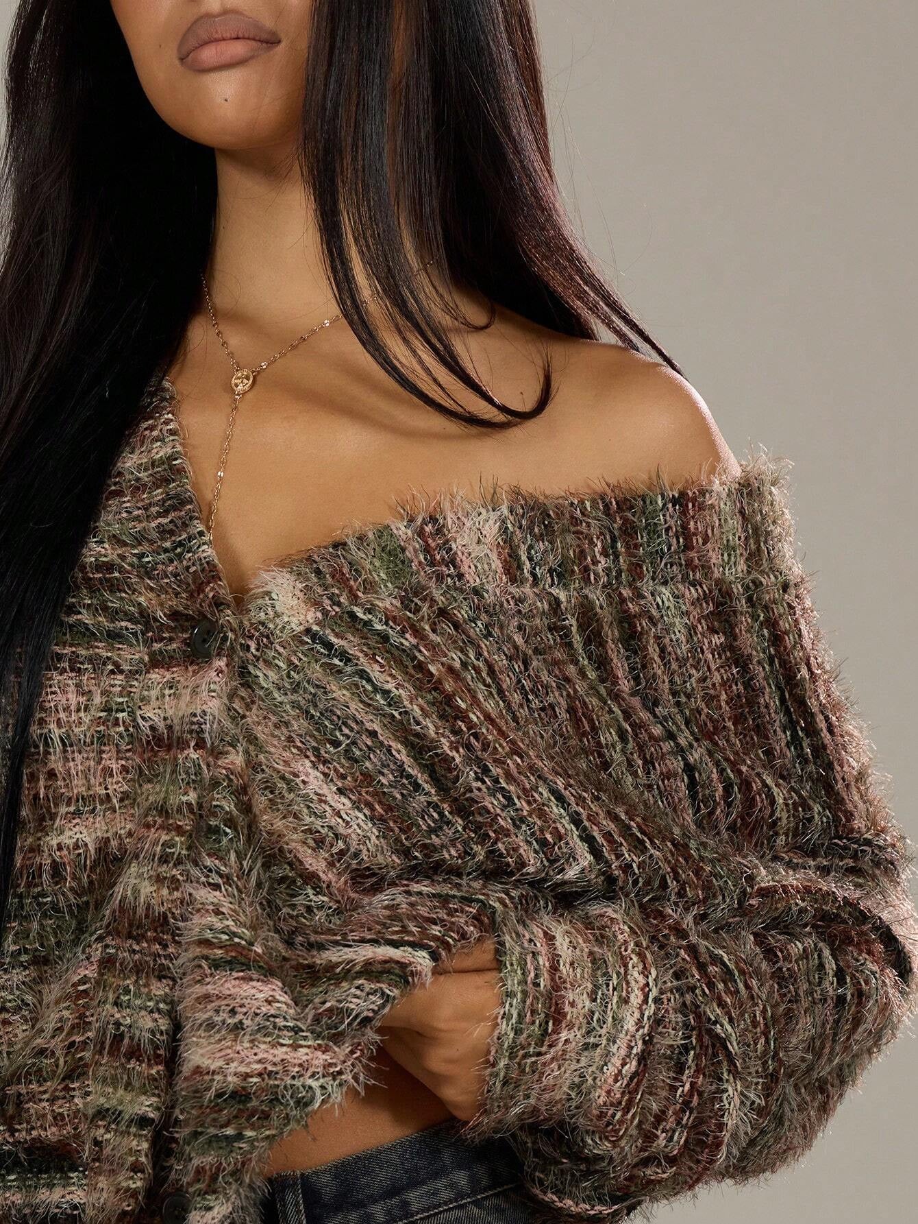 Winter Stripe Knitted Sweater Ins Button Cardigan Long Sleeved V-neck Cropped Tops For Women