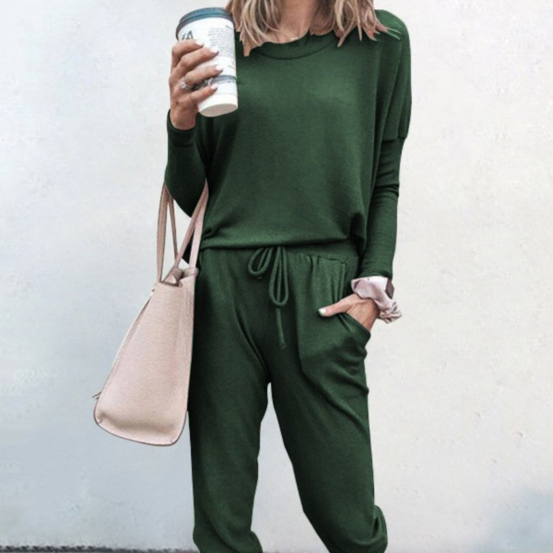 Women's Long Sleeve Suit Fashion Pullover Top And Pockets Drawstring Long Pants Solid Color Casual Sports Trouser Suit Clothing