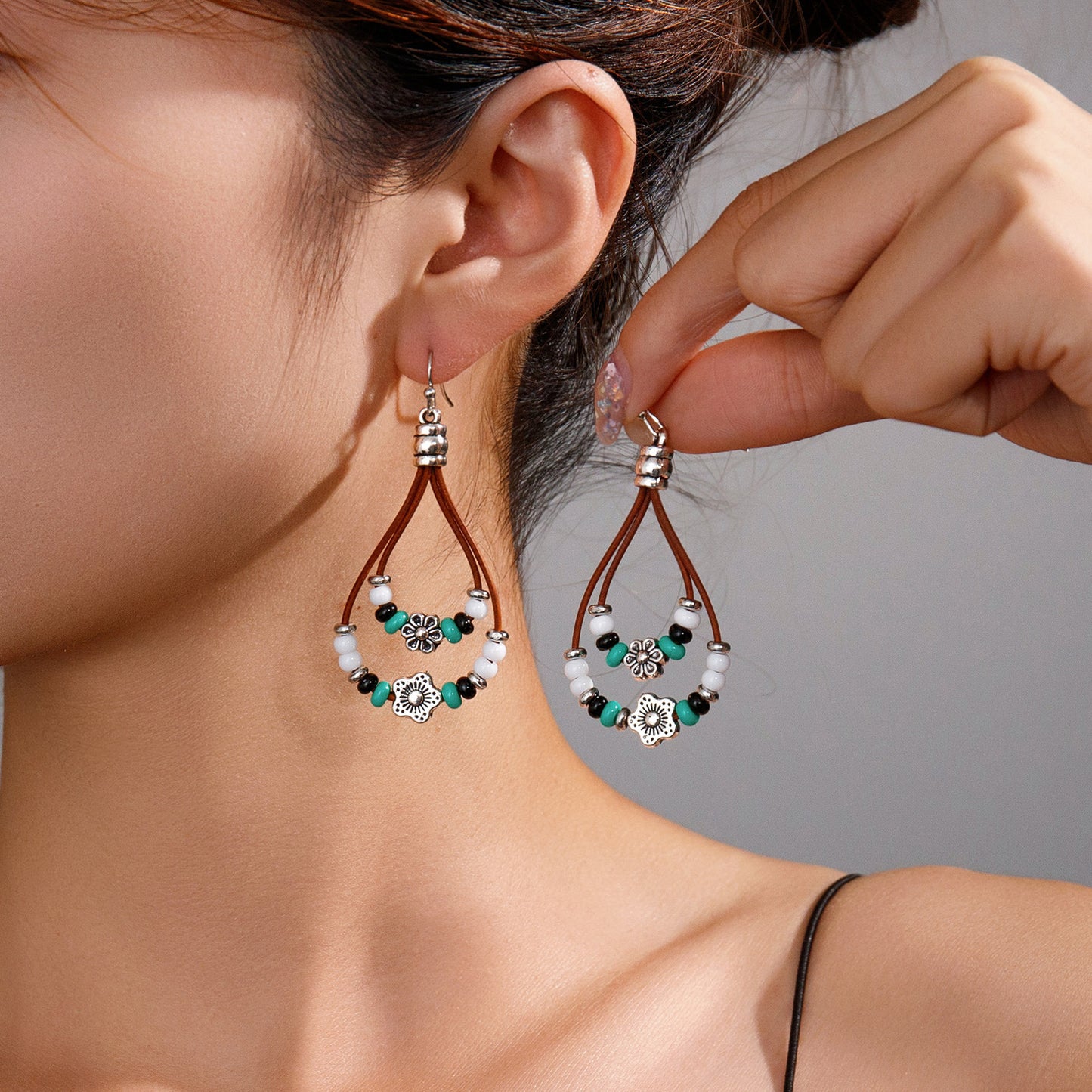 Vintage Earrings Ethnic Style Antique Silver Flower Turquoise Rope Pendant Women's Jewelry