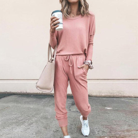 Women's Long Sleeve Suit Fashion Pullover Top And Pockets Drawstring Long Pants Solid Color Casual Sports Trouser Suit Clothing