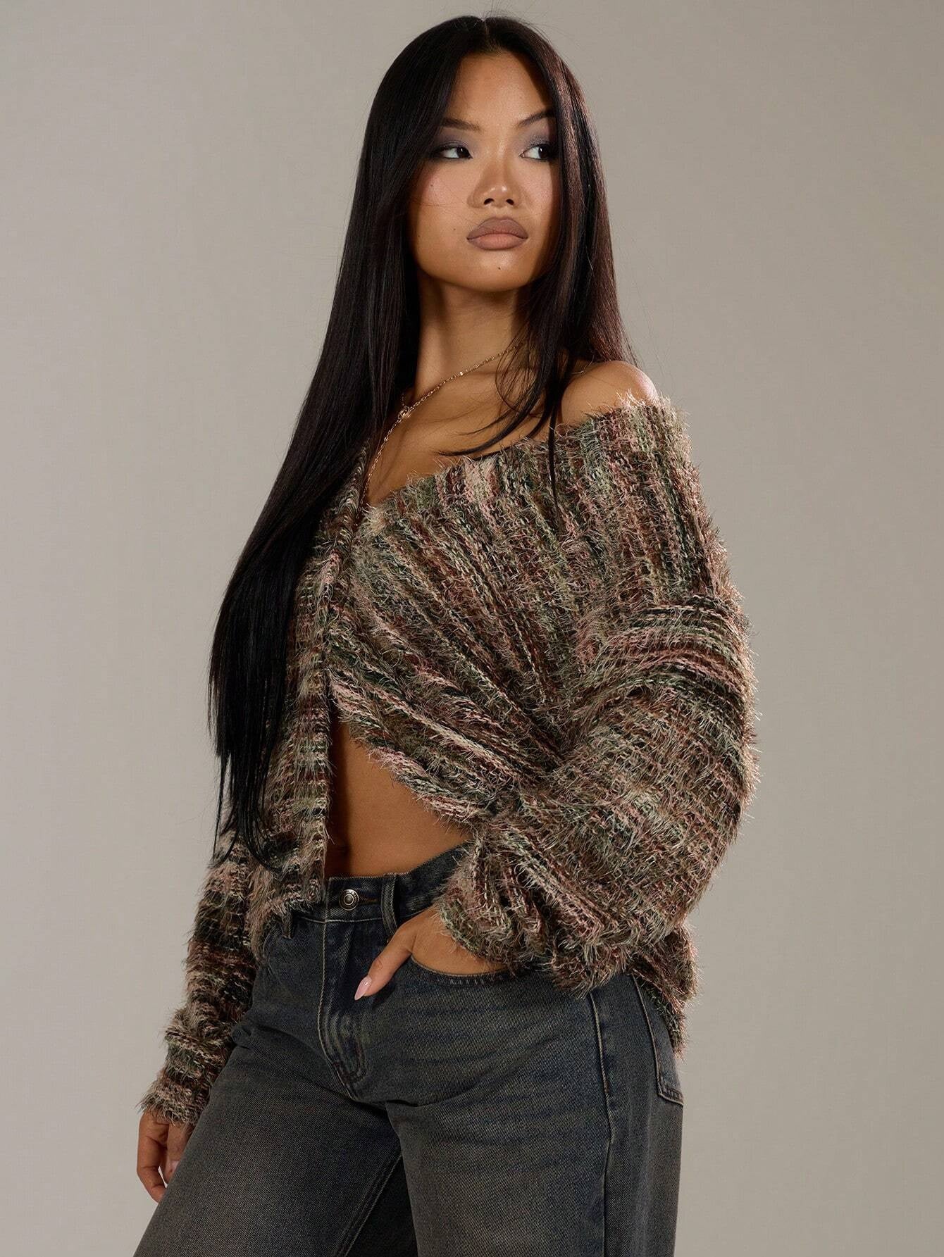 Winter Stripe Knitted Sweater Ins Button Cardigan Long Sleeved V-neck Cropped Tops For Women