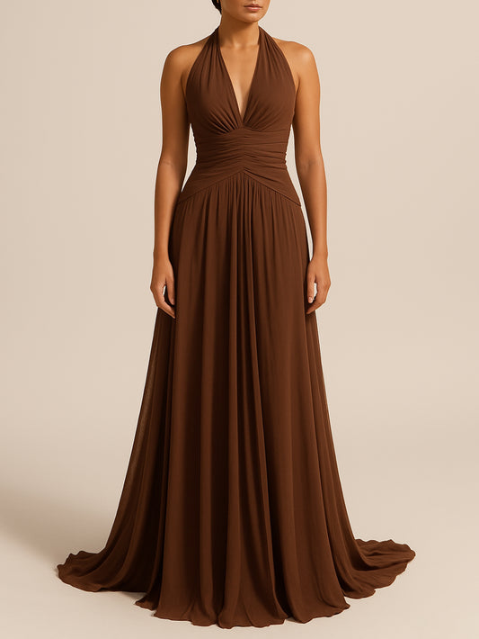 Brown Halter Back Maxi Dress