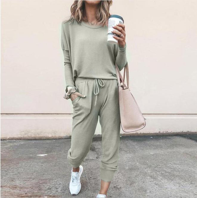Women's Long Sleeve Suit Fashion Pullover Top And Pockets Drawstring Long Pants Solid Color Casual Sports Trouser Suit Clothing